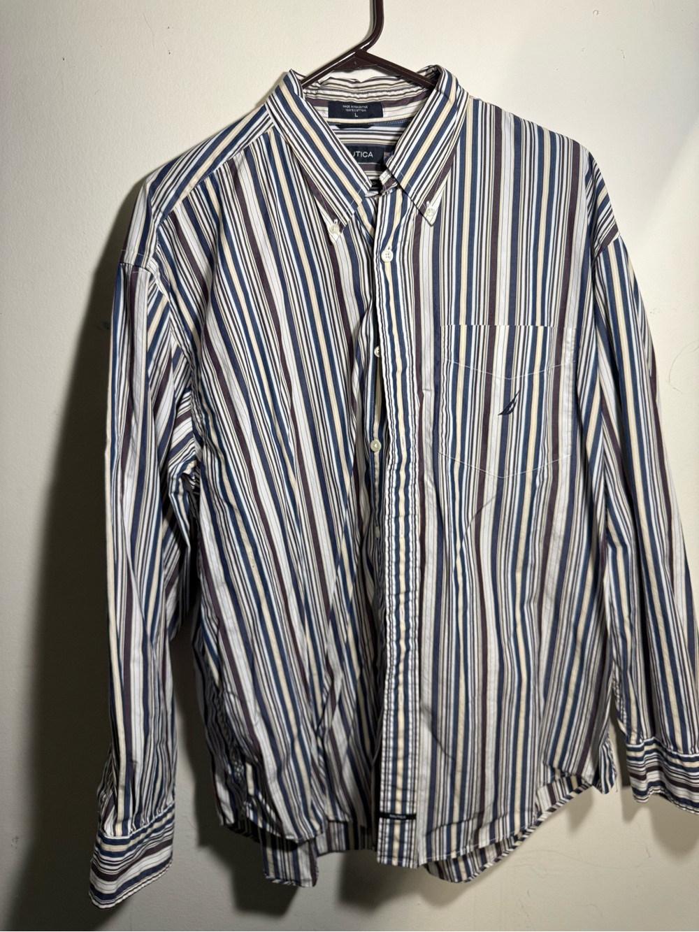 Nautica Men's White Shirt with Blue & Navy Vertical Stripes